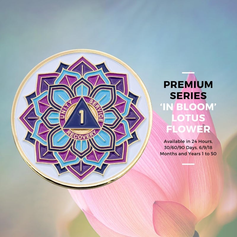 Sobriety Mint 24 Hours AA Coin - 'in Bloom' Lotus Flower Recovery Medallion/Chip - White/Gold - Image 3